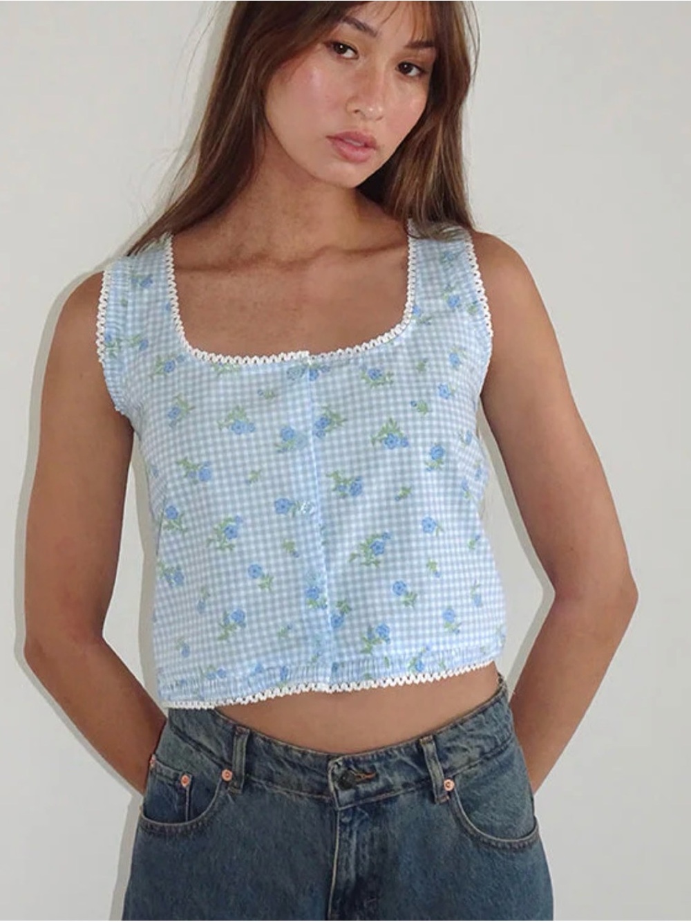 Motel Rocks Blue Floral Gingham Midi Skirt and Top Set